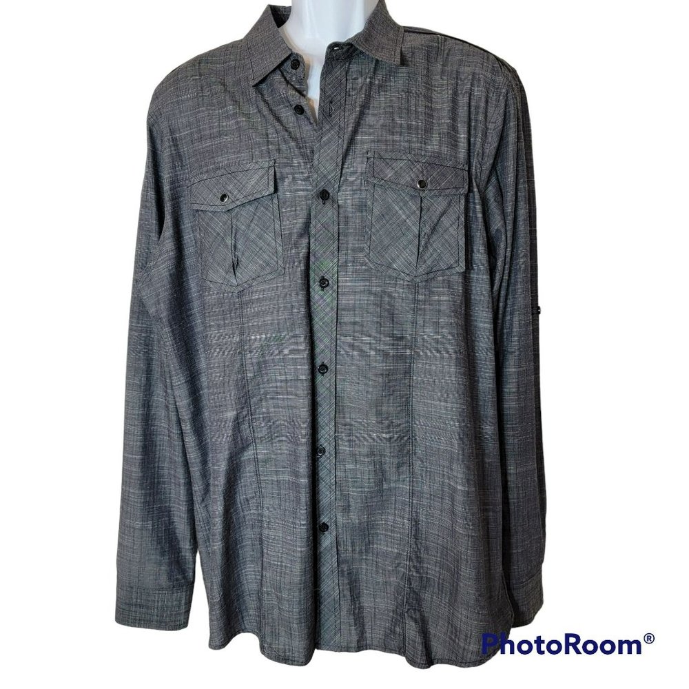 Signature Studio Men's XL Gray/Black Check Button Down w/Roll Tab Sleeve EUC